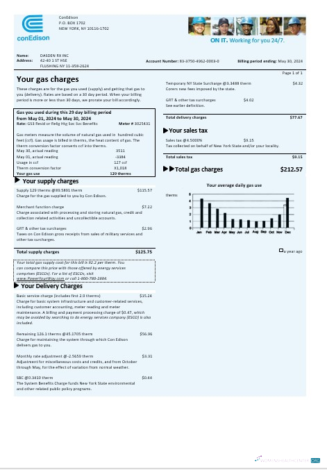 Download USA Con Edison gas business utility bill template in Word and PDF formats Photoshop template